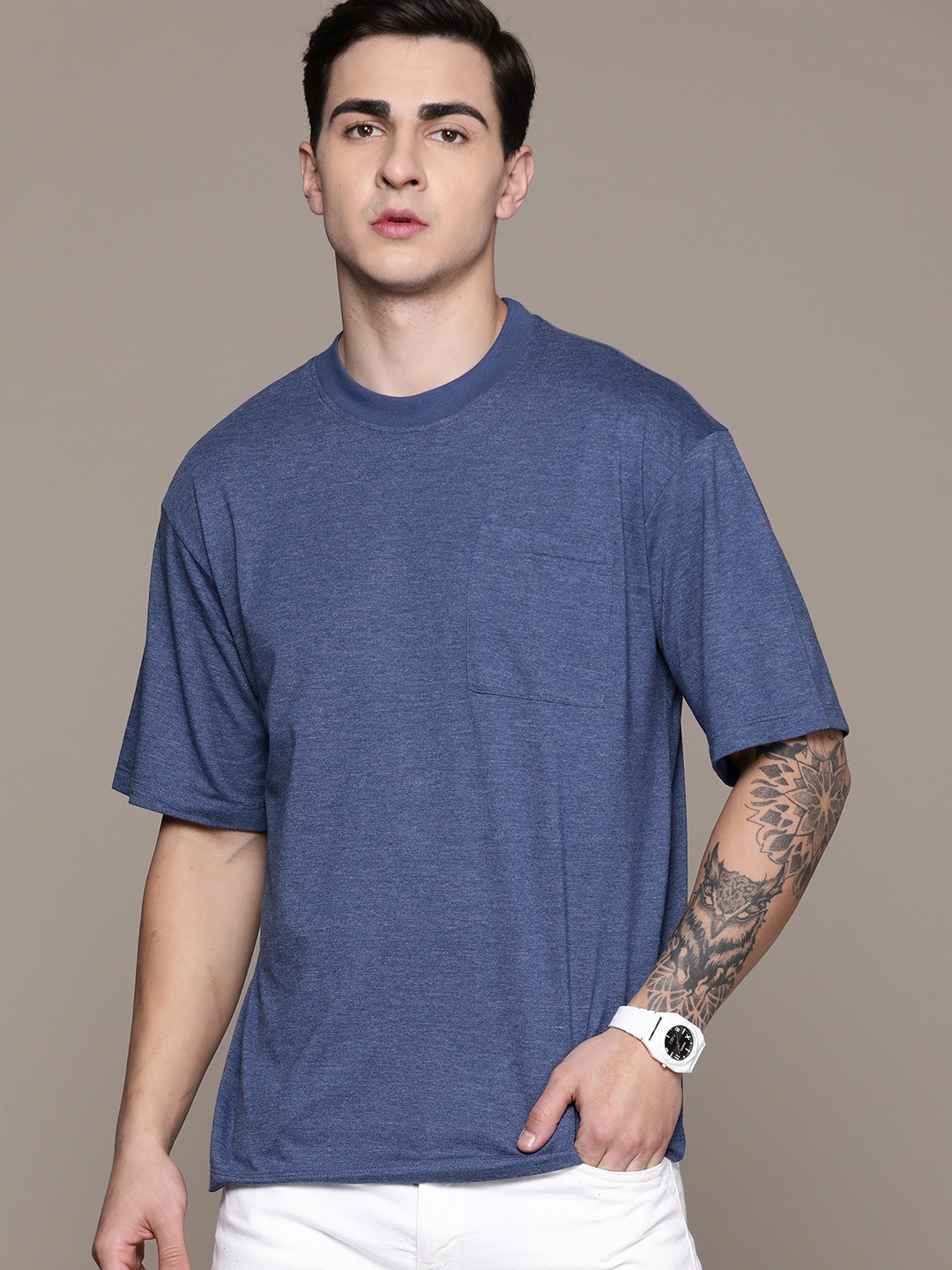 

The Roadster Lifestyle Co. Drop-Shoulder Sleeves Pocket T-shirt, Blue