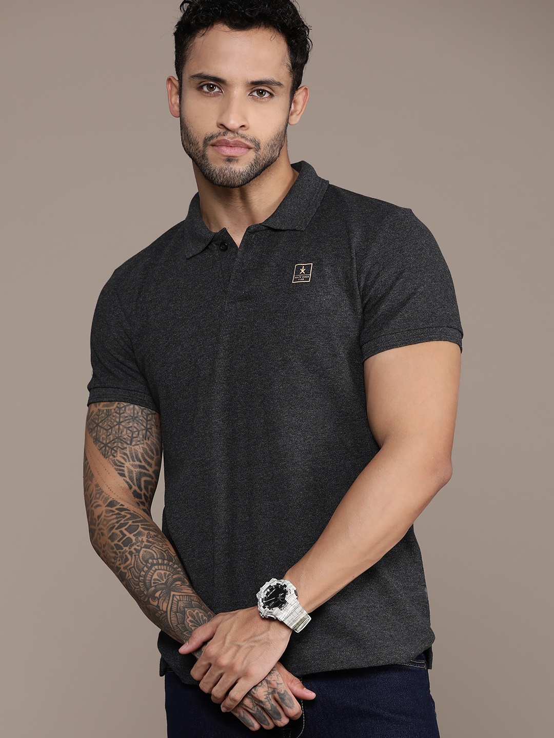 

Roadster Men Polo Collar T-shirt, Charcoal