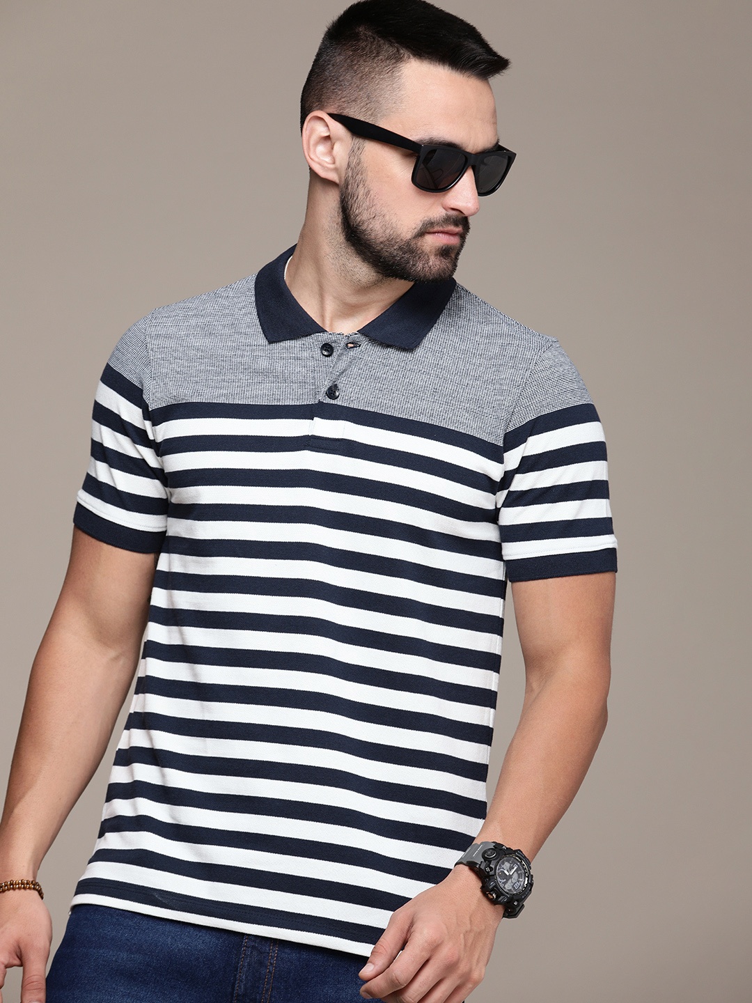 

The Roadster Life Co. Striped Polo Collar T-shirt, Navy blue