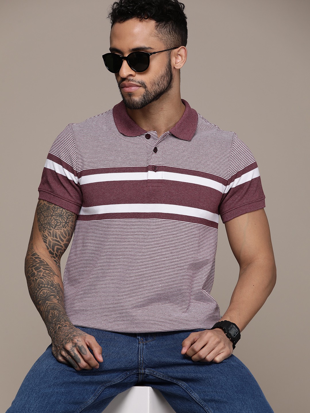 

The Roadster Lifestyle Co. Striped Polo Collar T-shirt, Burgundy
