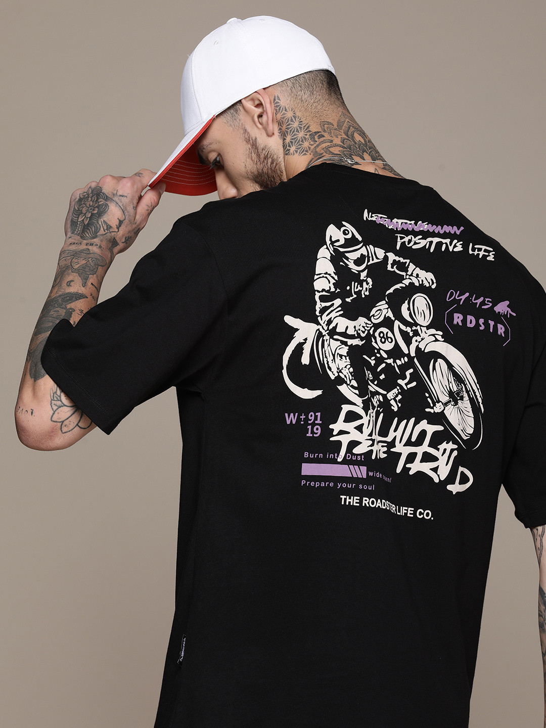 

The Roadster Life Co. Pure Cotton Graphic Printed Drop-Shoulder Sleeves Casual T-shirt, Black