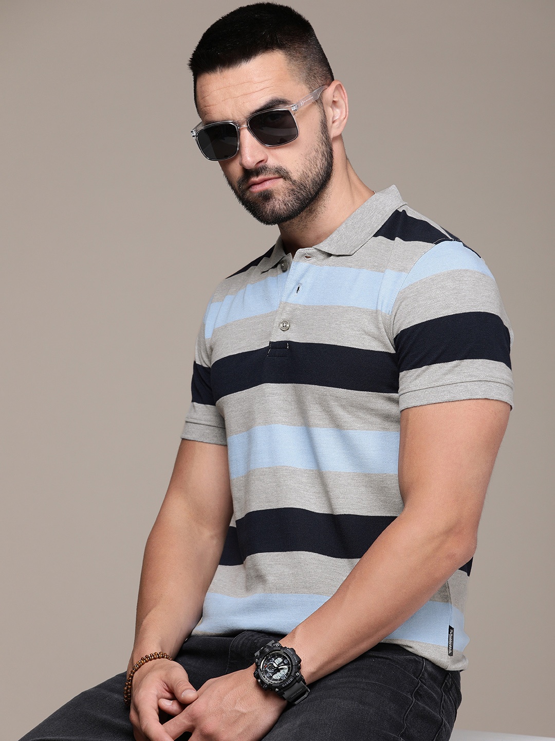 

The Roadster Life Co. Striped Relaxed Fit Polo Collar T-shirt, Navy blue