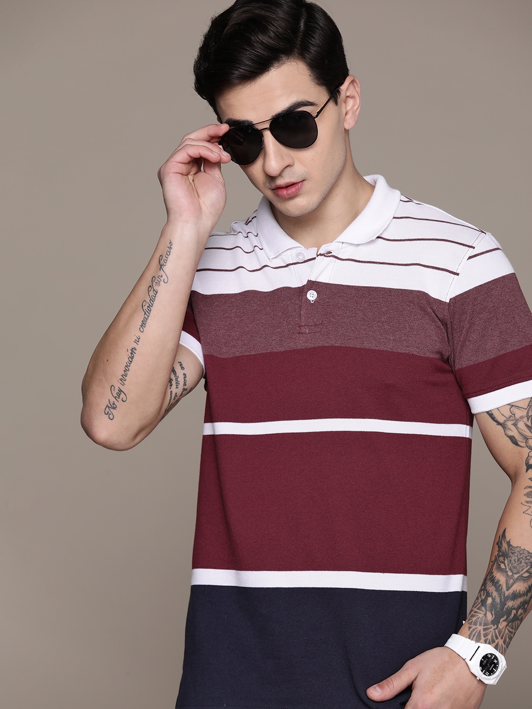 

The Roadster Lifestyle Co. Striped Polo Collar T-shirt, Maroon