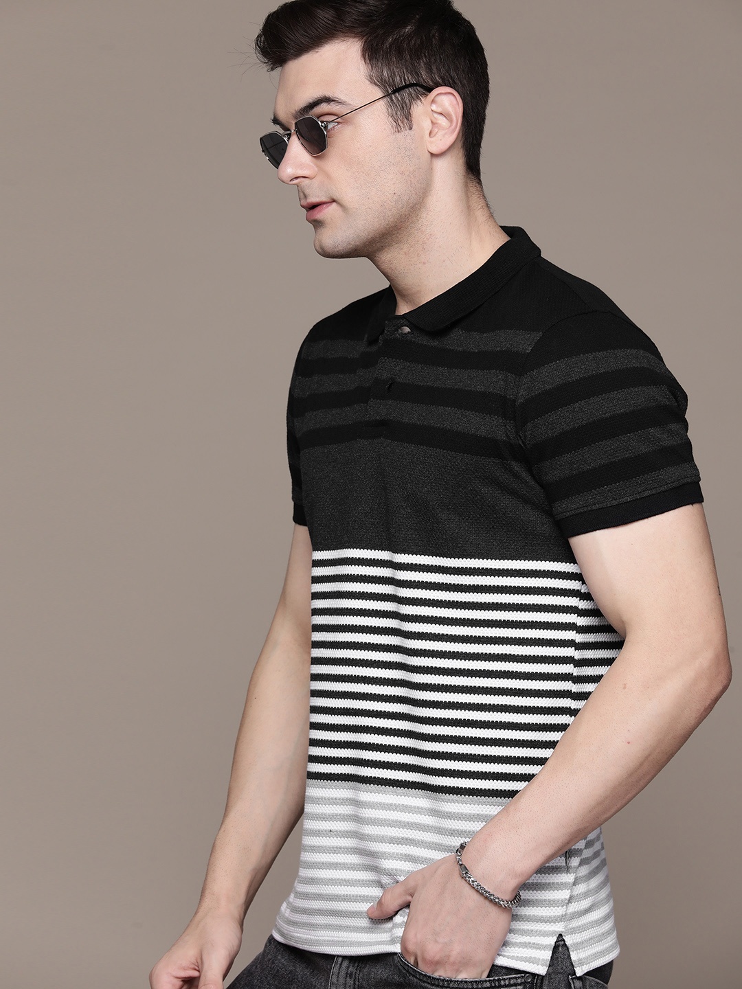 

The Roadster Lifestyle Co. Striped Polo Collar T-shirt, Black