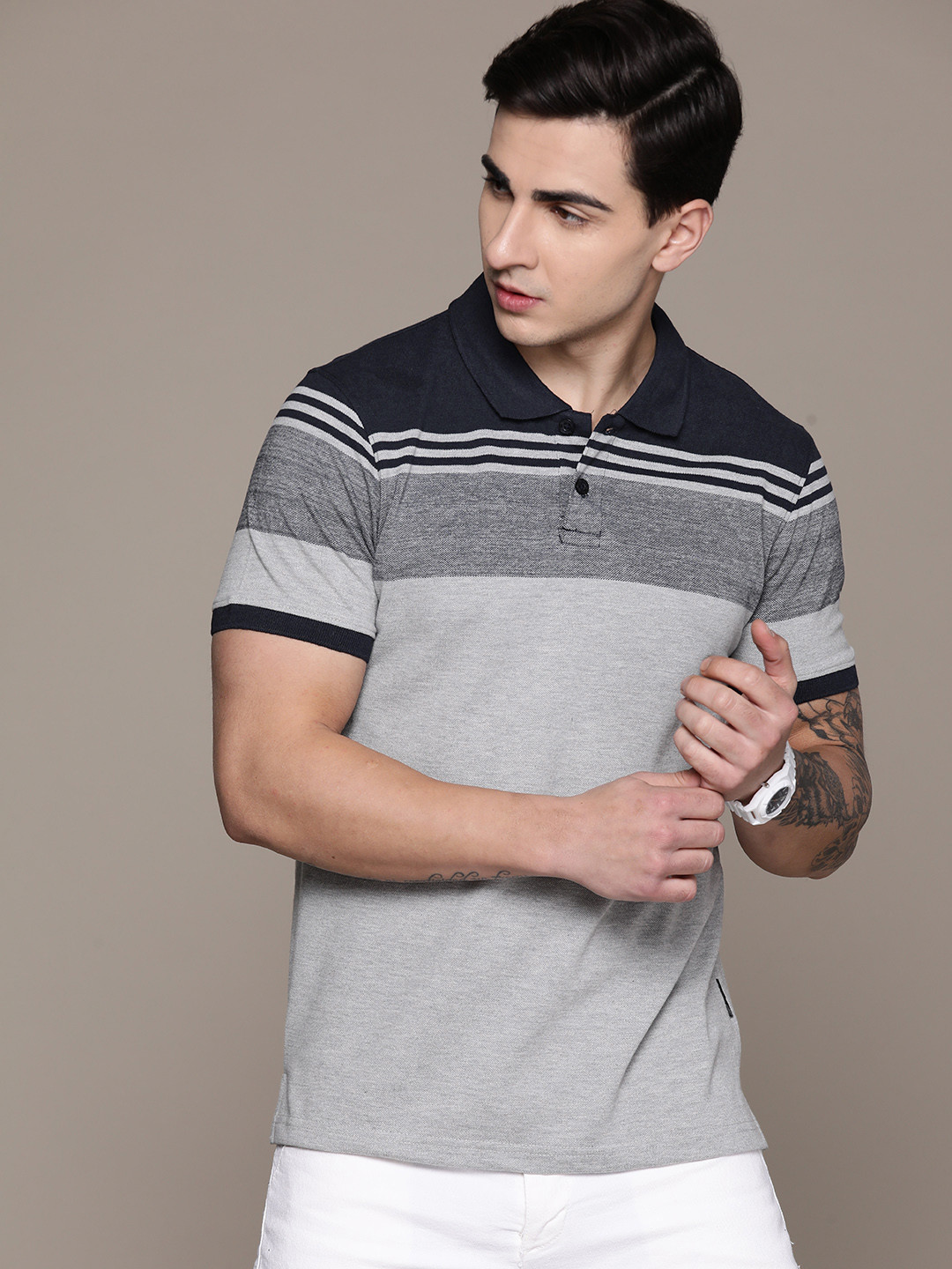 

The Roadster Lifestyle Co. Striped Polo Collar T-shirt, Grey