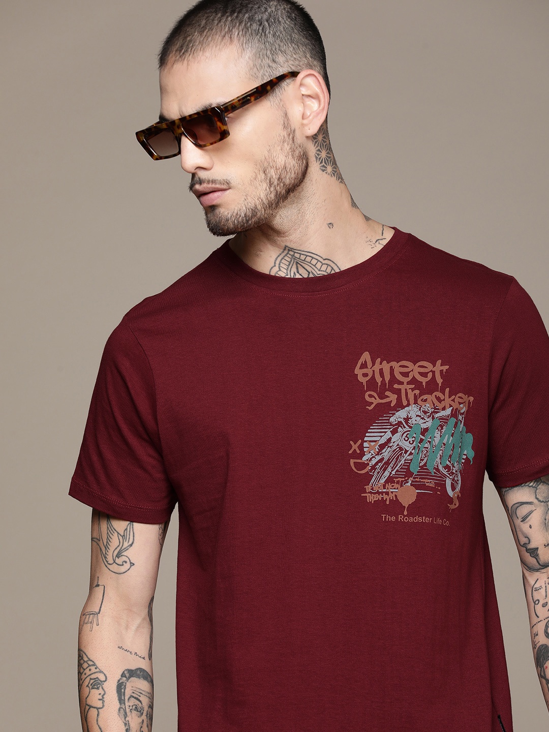 

The Roadster Life Co. Pure Cotton Graphic Printed Casual T-shirt, Maroon