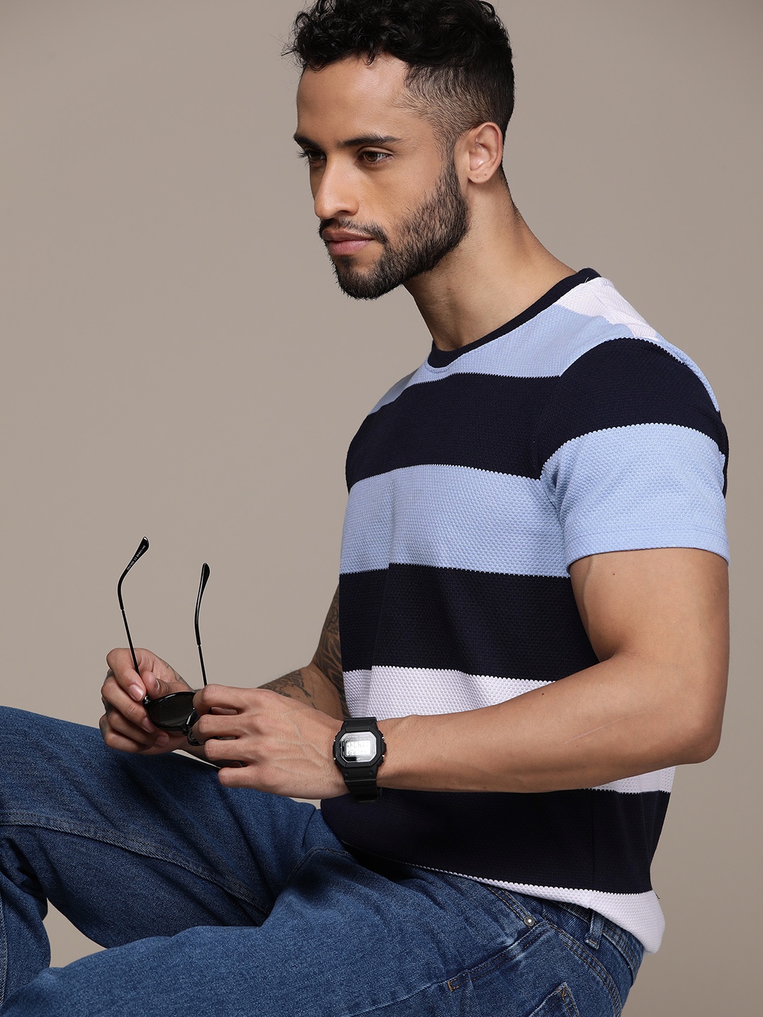 

The Roadster Lifestyle Co. Striped Knit T-shirt, Navy blue