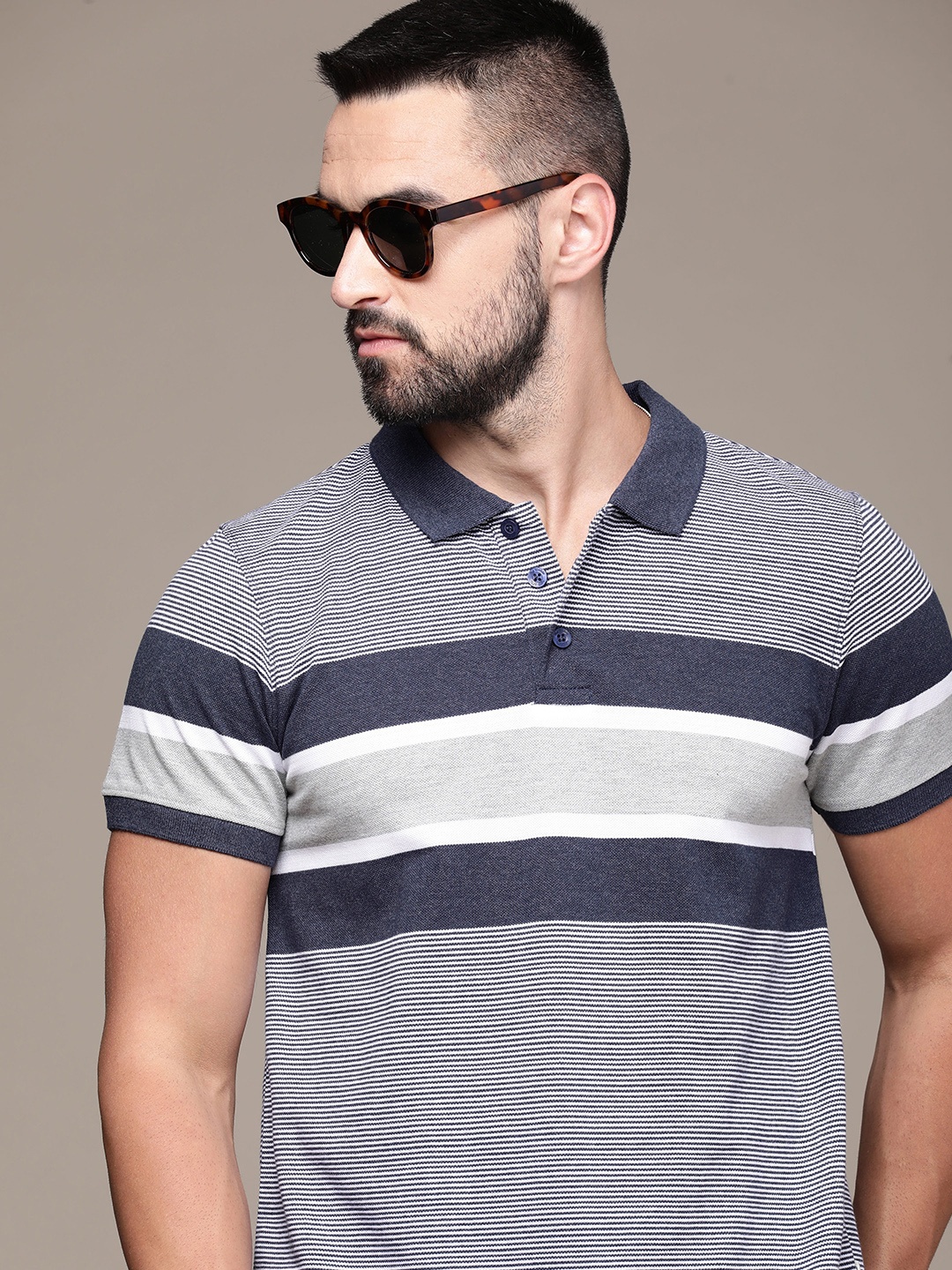 

The Roadster Life Co. Striped Polo Collar Relaxed Fit T-shirt, Navy blue