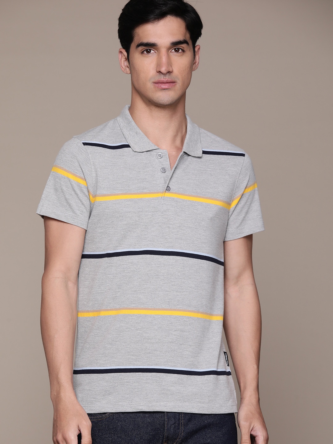 

The Roadster Lifestyle Co. Striped Polo Collar T-shirt, Grey melange