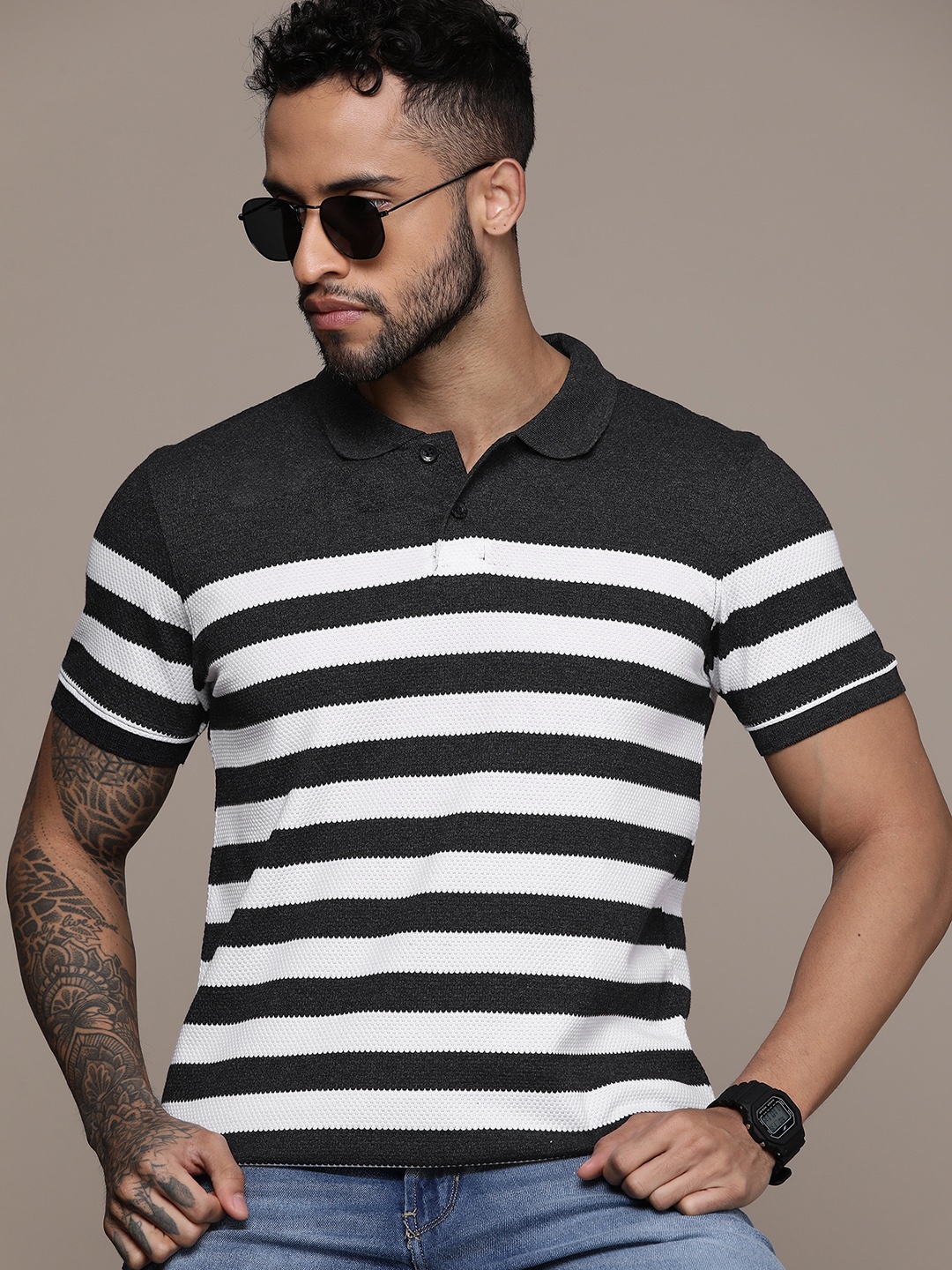 

The Roadster Lifestyle Co. Striped Polo Collar T-shirt, Black