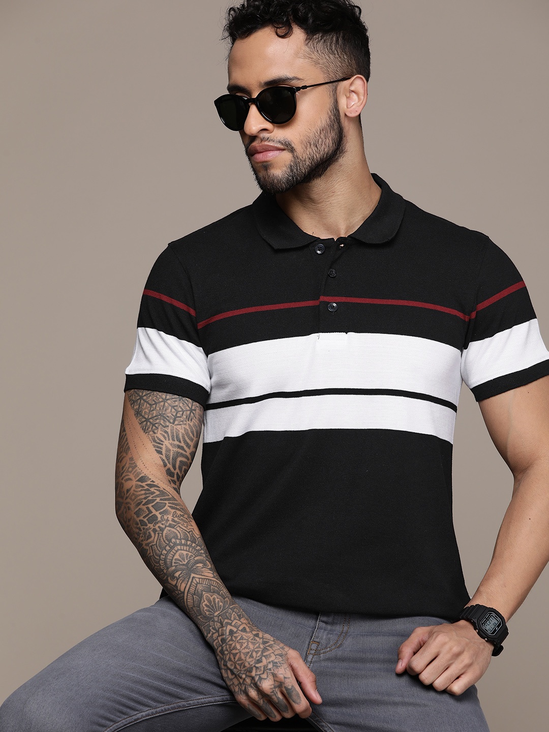 

The Roadster Lifestyle Co. Striped Polo Collar T-shirt, Black