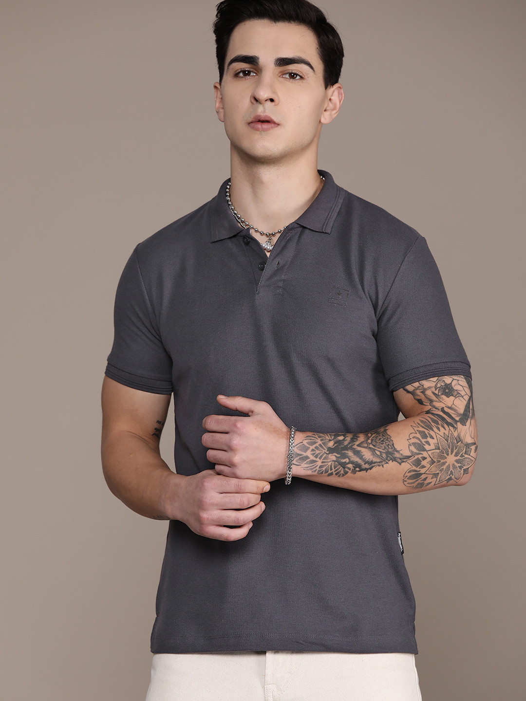 

Roadster Men Polo Collar T-shirt, Charcoal