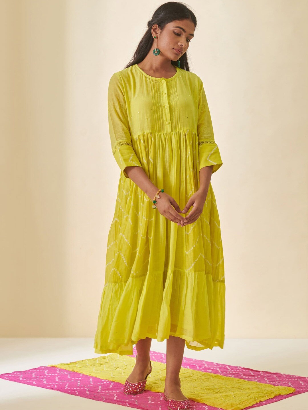 

Prakriti Jaipur Ethnic Motifs Printed Round Neck Fit & Flare Midi Ethnic Dress, Green