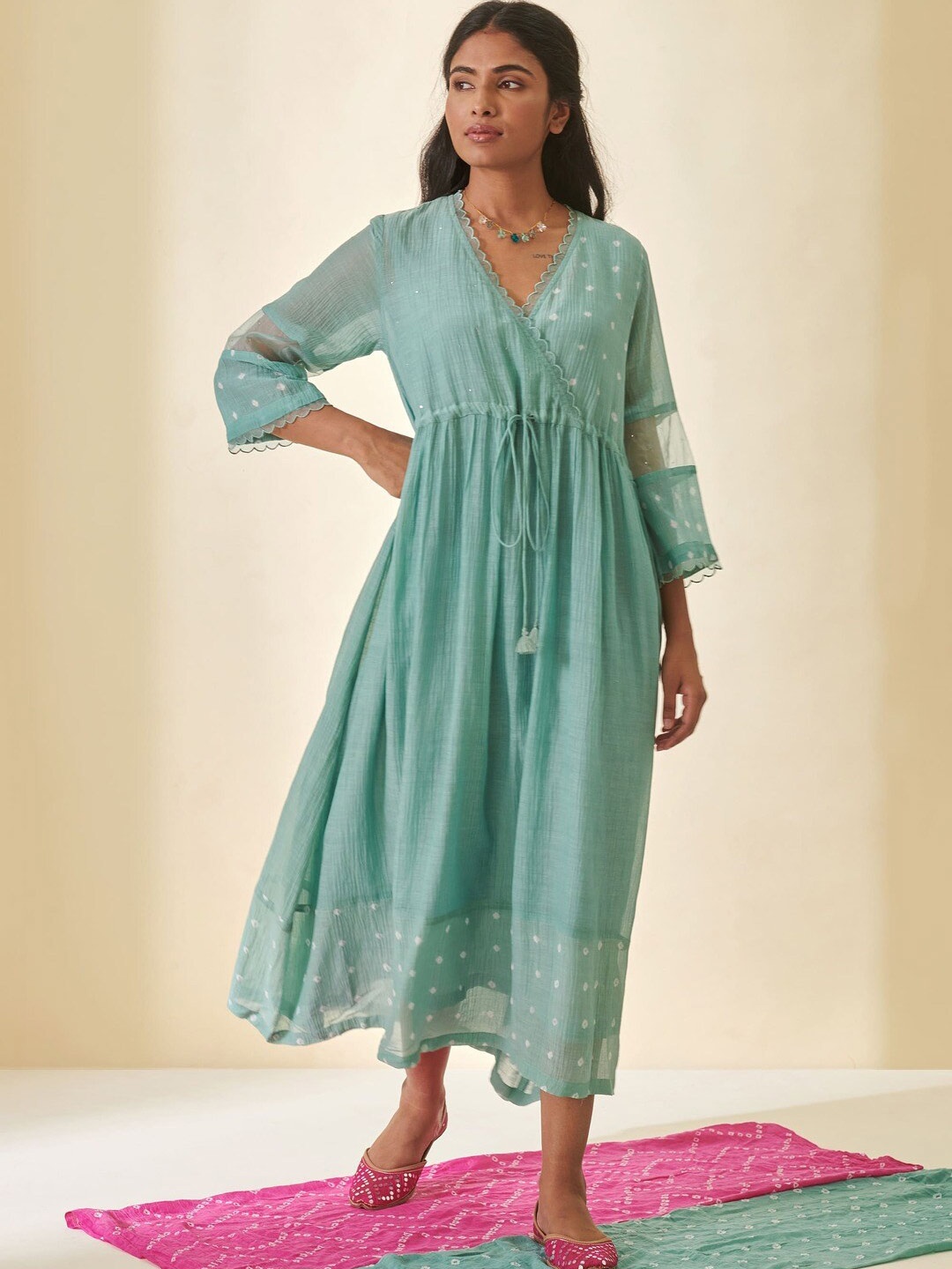 

Prakriti Jaipur Ethnic Motifs Printed V-Neck A-Line Midi Ethnic Dress, Teal