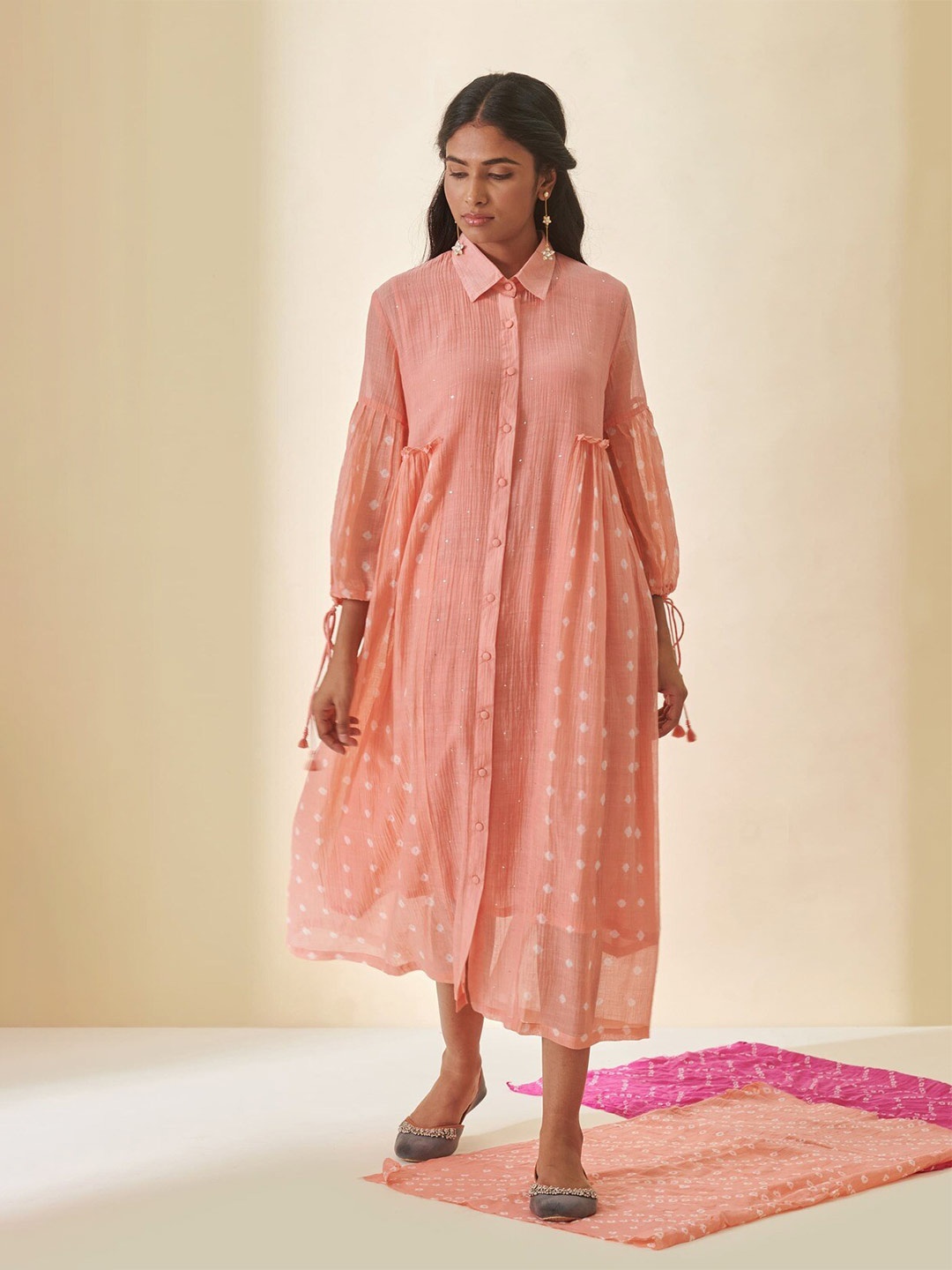 

Prakriti Jaipur Ethnic Motifs Printed Shirt Collar A-Line Midi Ethnic Dress, Peach