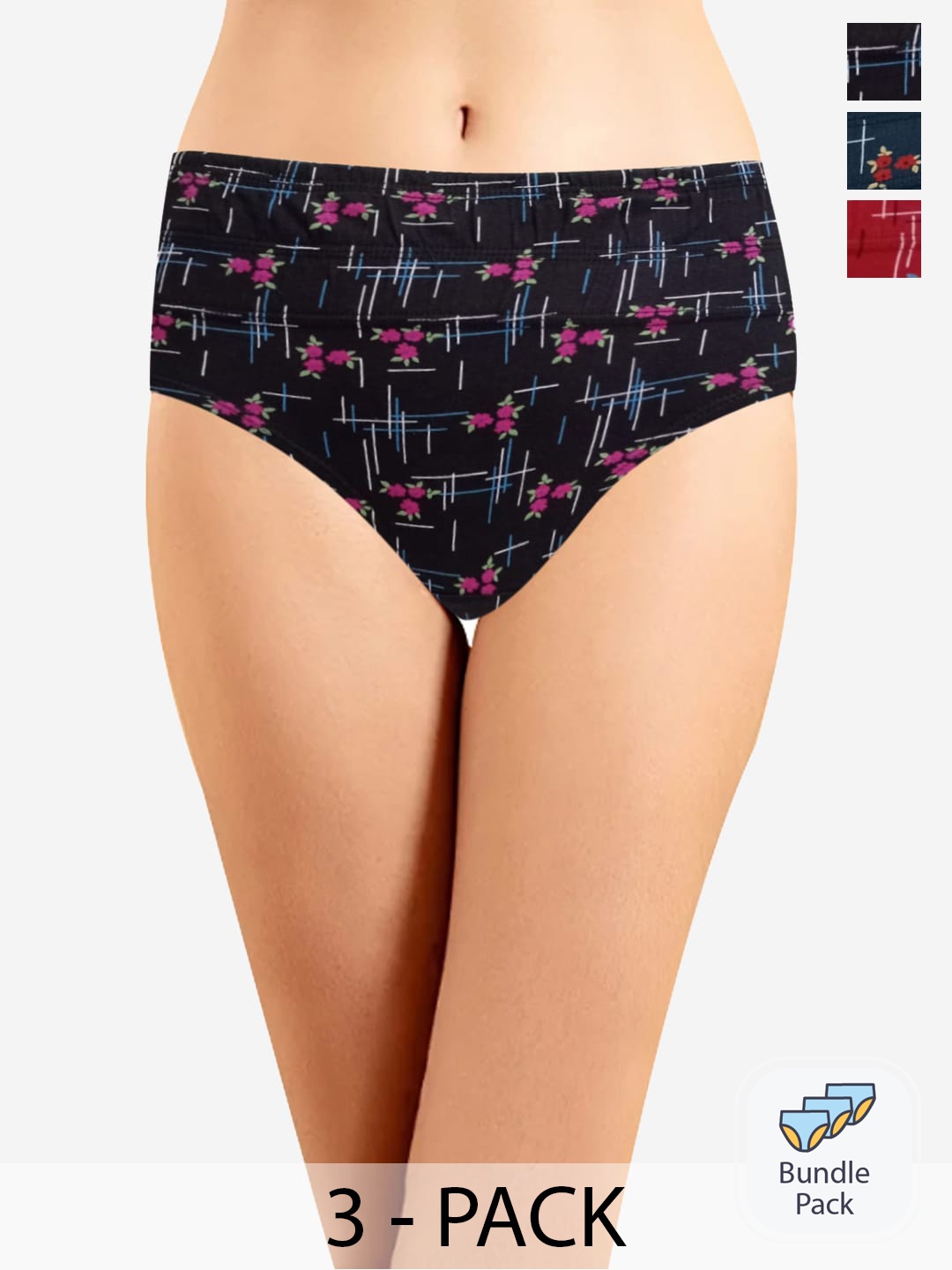 

In Care Pack of 3 Floral Printed Pure Cotton Mid-Rise Hipster Briefs, Black