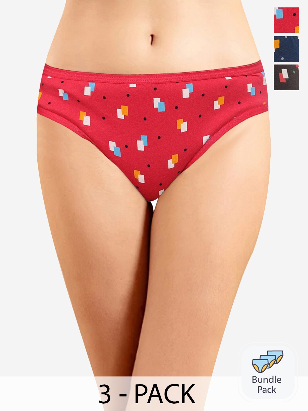 

In Care Pack Of 3 Geometric Printed Pure Cotton Mid-Rise Hipster Briefs, Red
