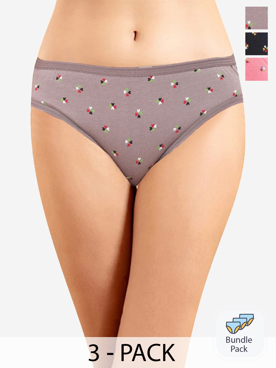 

In Care Pack Of 3 Printed Pure Cotton Bikini Briefs, Grey