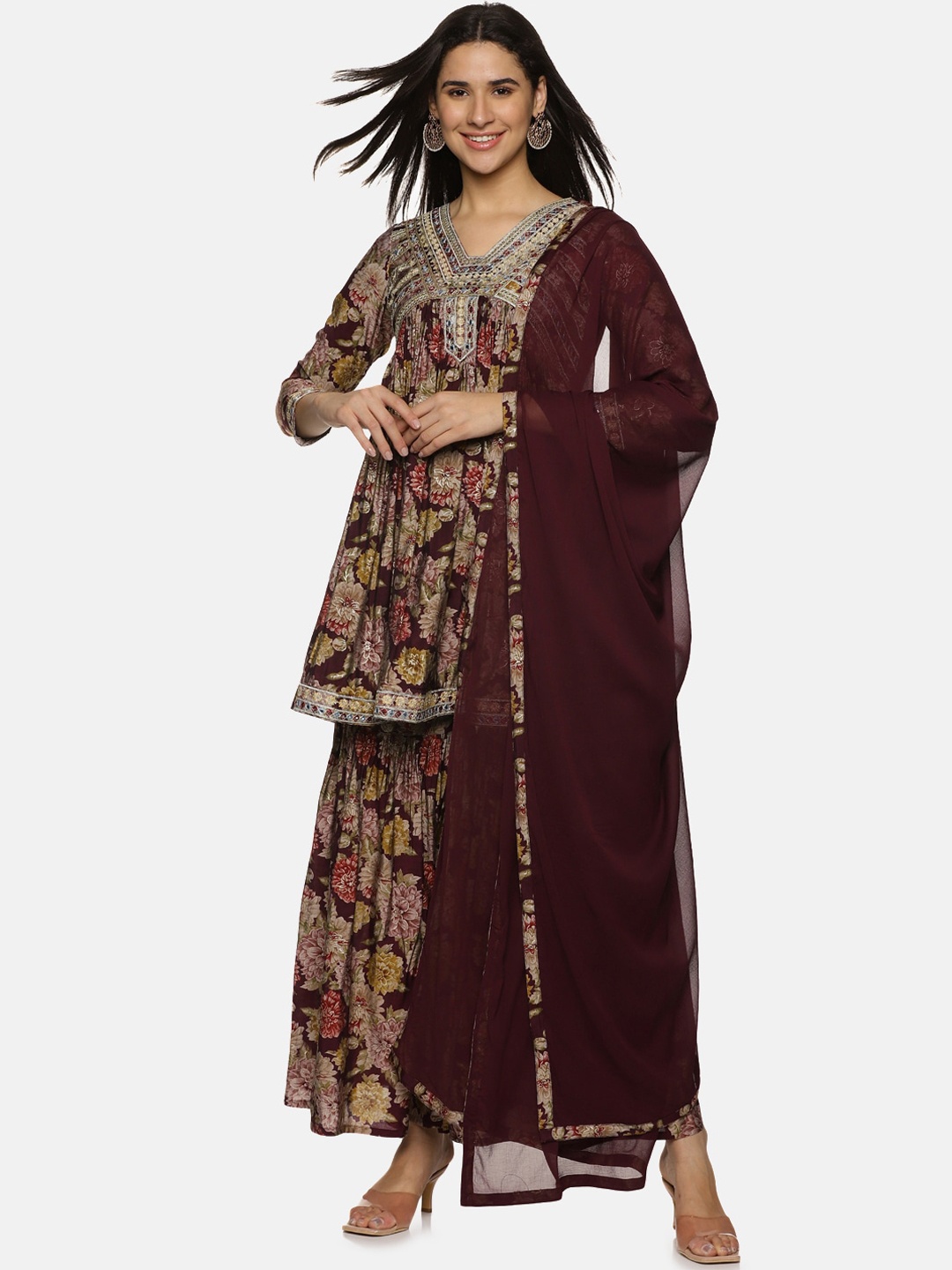 

Palakh Floral Yoke Design Mirror Work Pure Cotton A Line Kurta With Sharara & Dupatta, Maroon