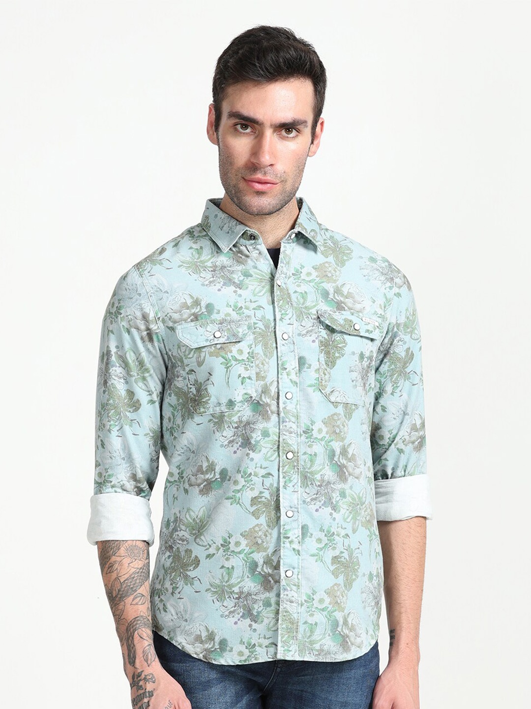 

FLY 69 Premium Slim Fit Floral Printed Spread Collar Corduroy Casual Shirt, Green