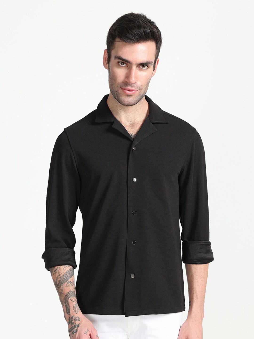 

FLY 69 Premium Boxy Notched Lapel Collar Pure Cotton Casual Shirt, Black