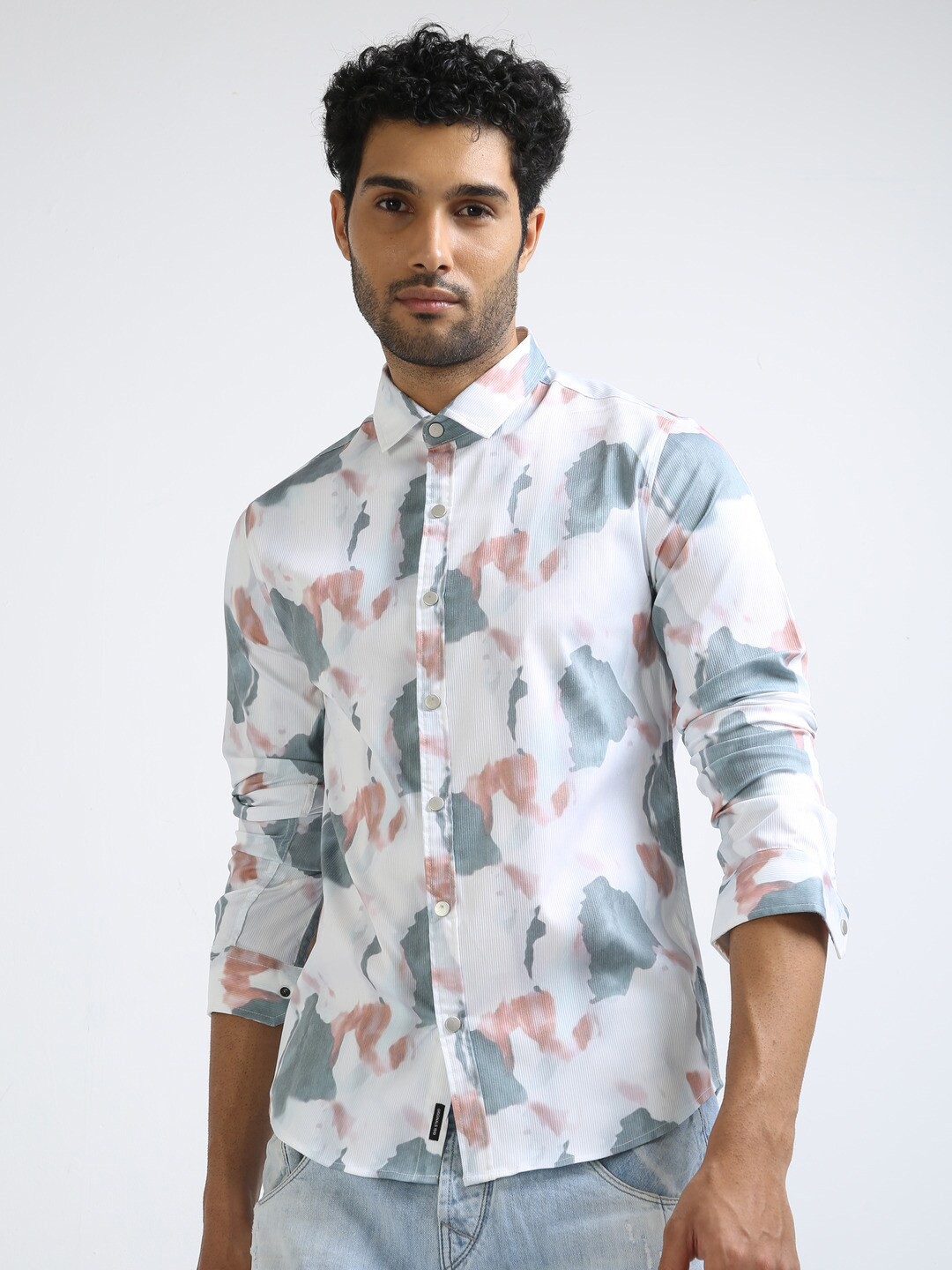 

FLY 69 Premium Slim Fit Abstract Printed Pure Cotton Casual Shirt, White