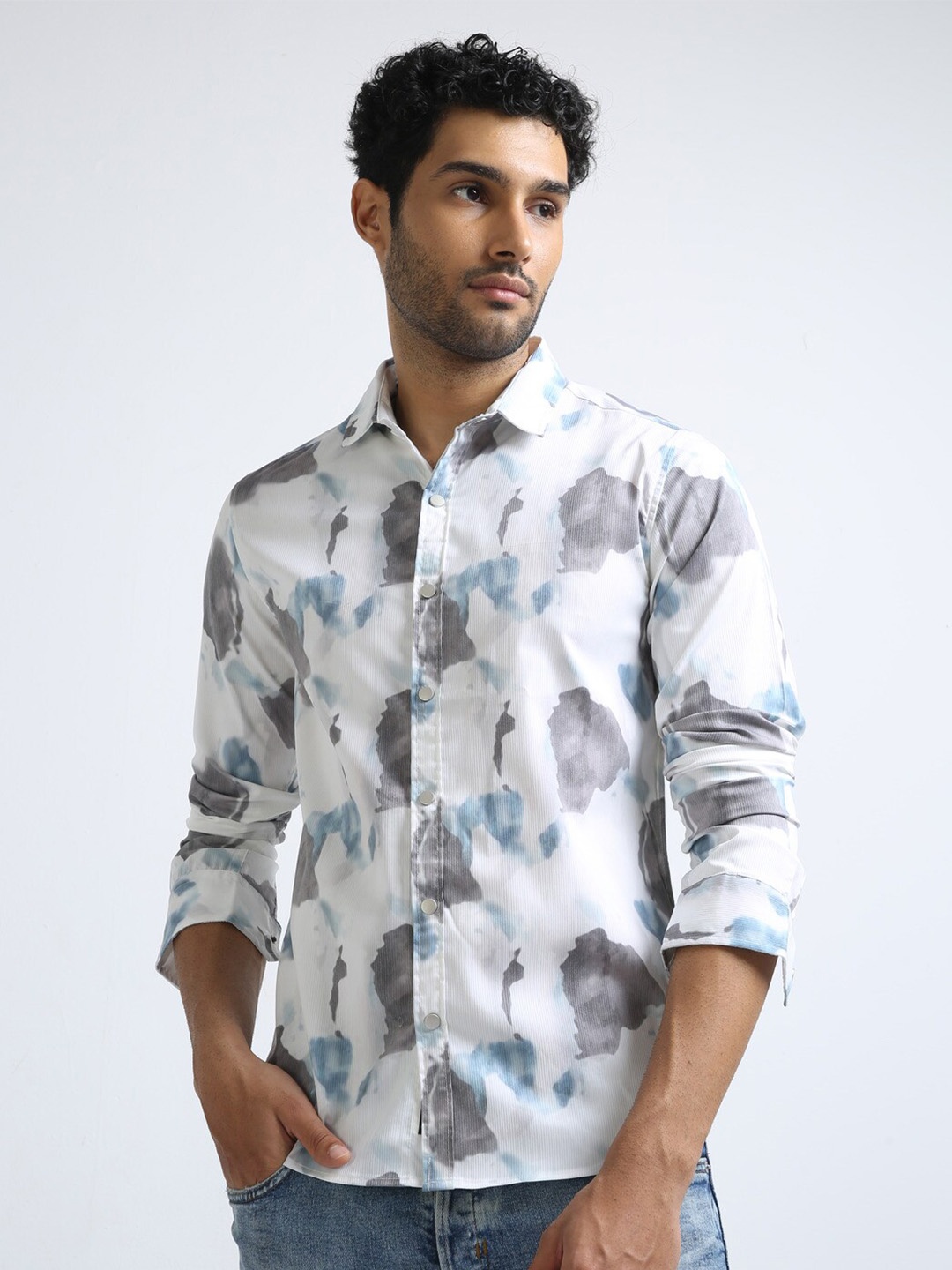 

FLY 69 Premium Slim Fit Abstract Printed Pure Cotton Casual Shirt, White