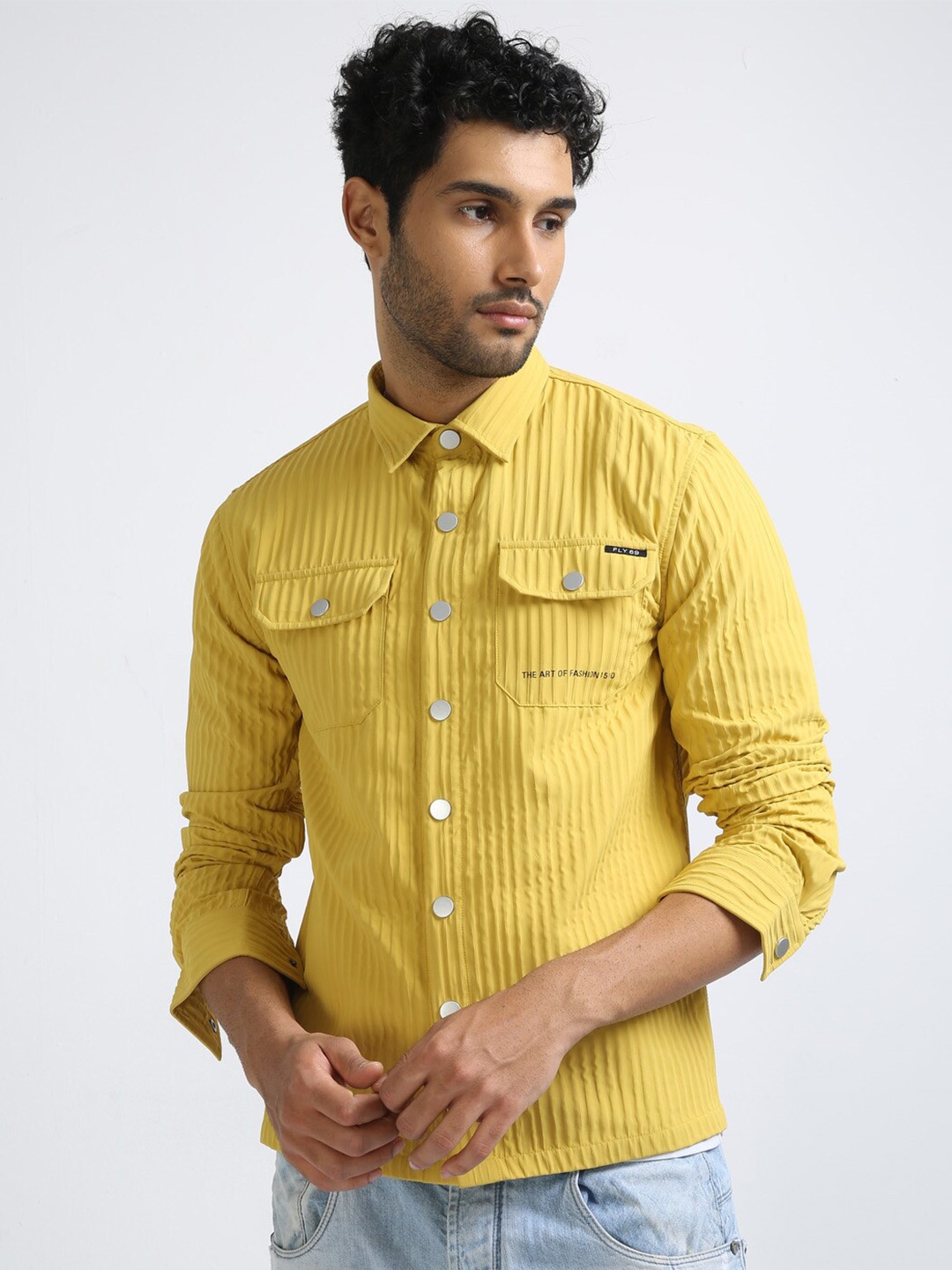 

FLY 69 Premium Vertical Striped Spread Collar Pure Cotton Casual Shirt, Mustard