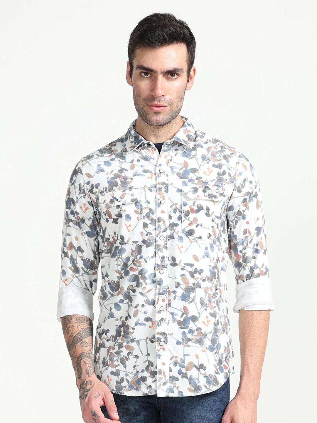 

FLY 69 Floral Printed Premium Slim Fit Corduroy Casual Shirt, White