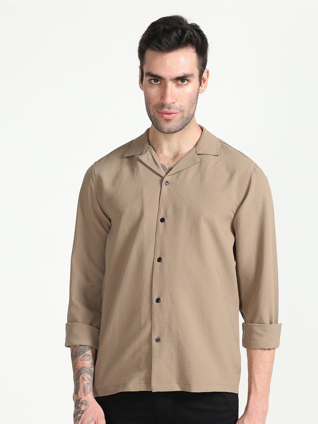 

FLY 69 Checked Premium Boxy Lapel Collar Casual Shirt, Camel brown