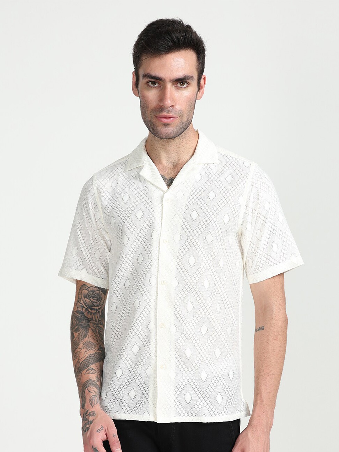 

FLY 69 Self Design Premium Boxy Semi-Sheer Casual Shirt, Off white