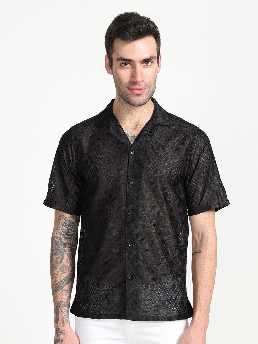 

FLY 69 Self Design Premium Boxy Sheer Casual Shirt, Black