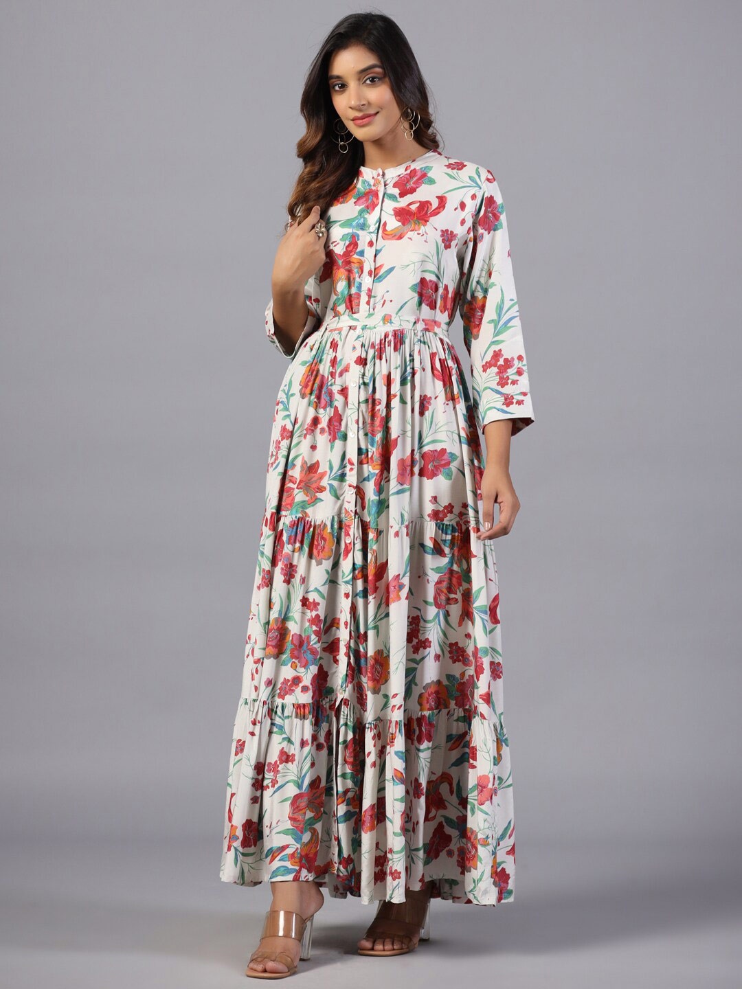 

Amchoor Floral Printed Mandarin Collar Maxi Tiered Fit & Flare Dress, Cream