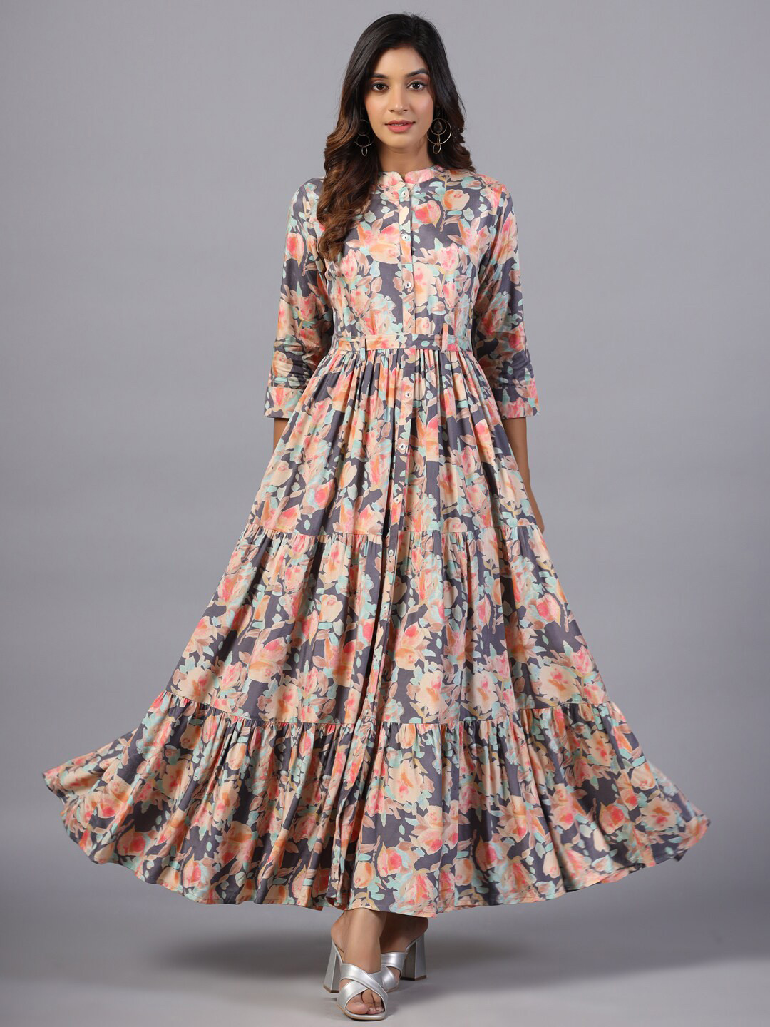 

Amchoor Floral Printed Mandarin Collar Maxi Tiered Fit & Flare Dress, Grey