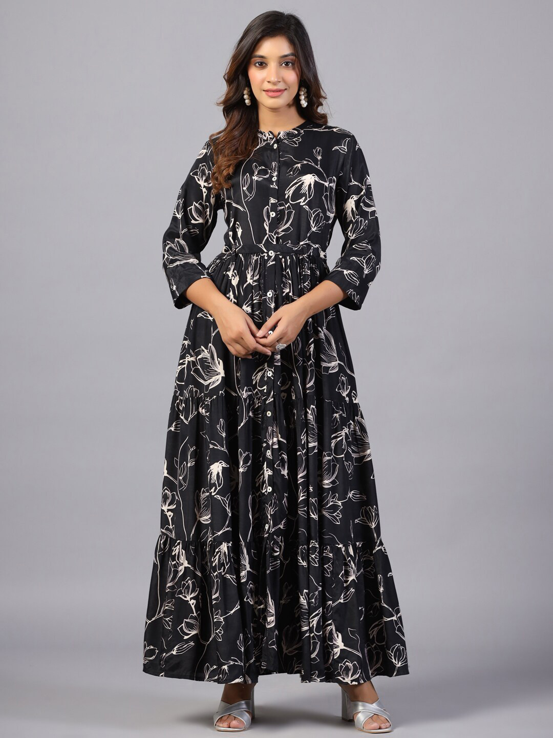 

Amchoor Floral Printed Mandarin Collar Maxi Tiered Fit & Flare Dress, Black