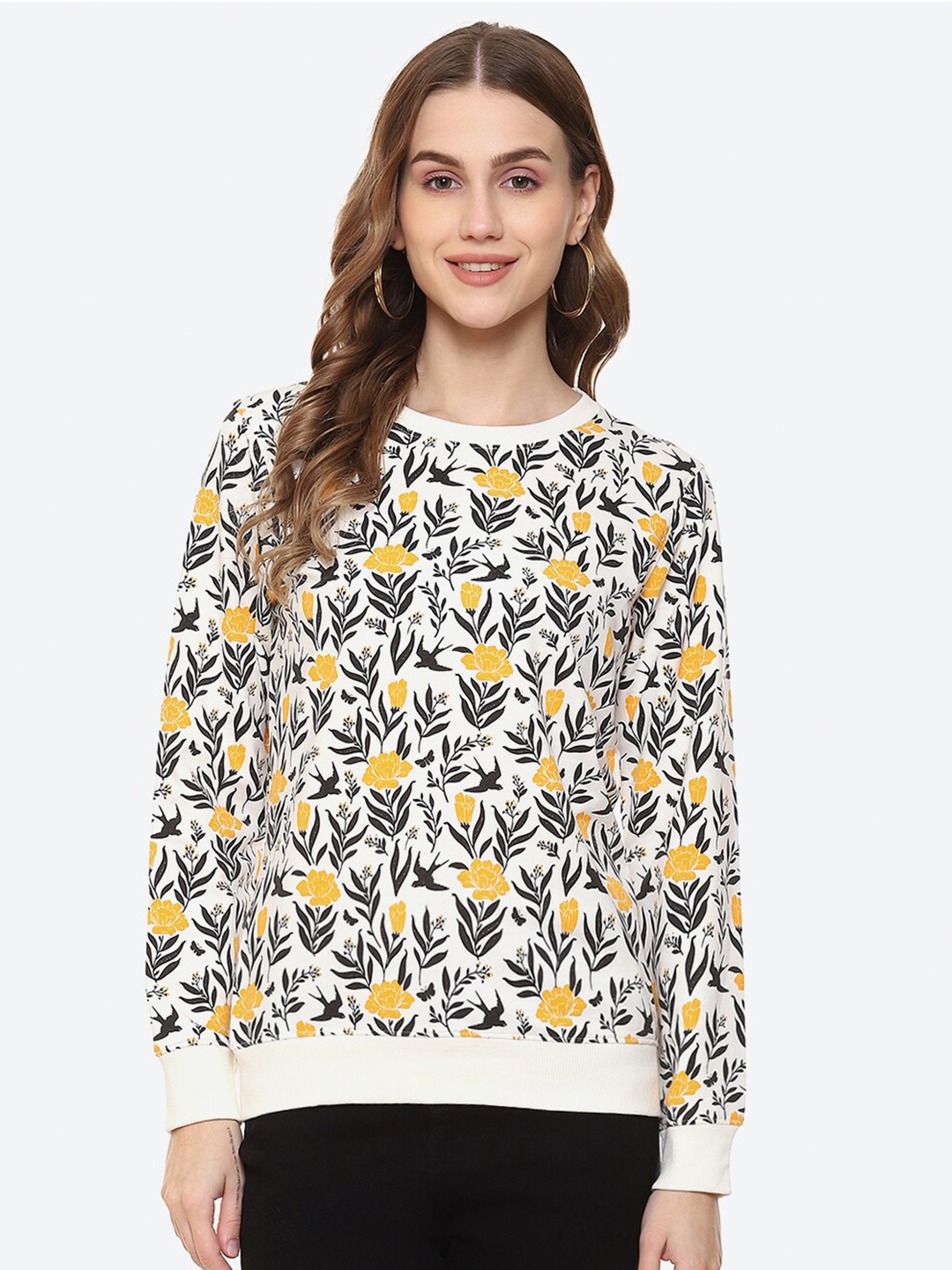 

2Bme Floral Printed Round Neck Cotton Pullover, White