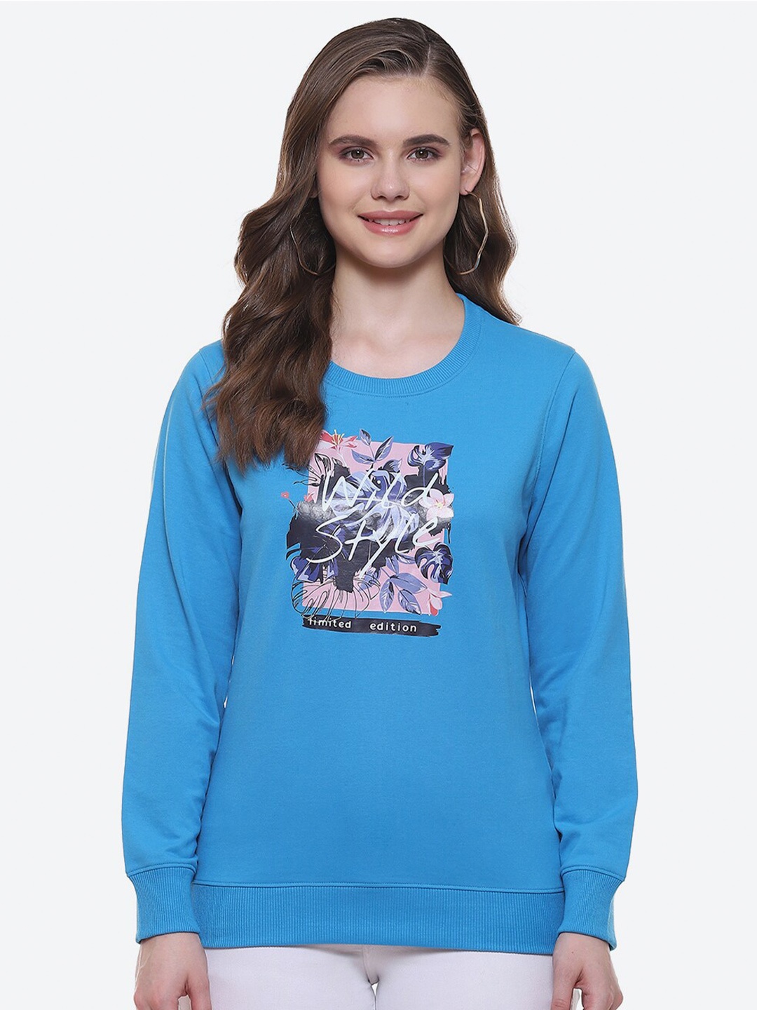 

2Bme Floral Printed Round Neck Long Sleeve Cotton Pullover Sweatshirt, Blue