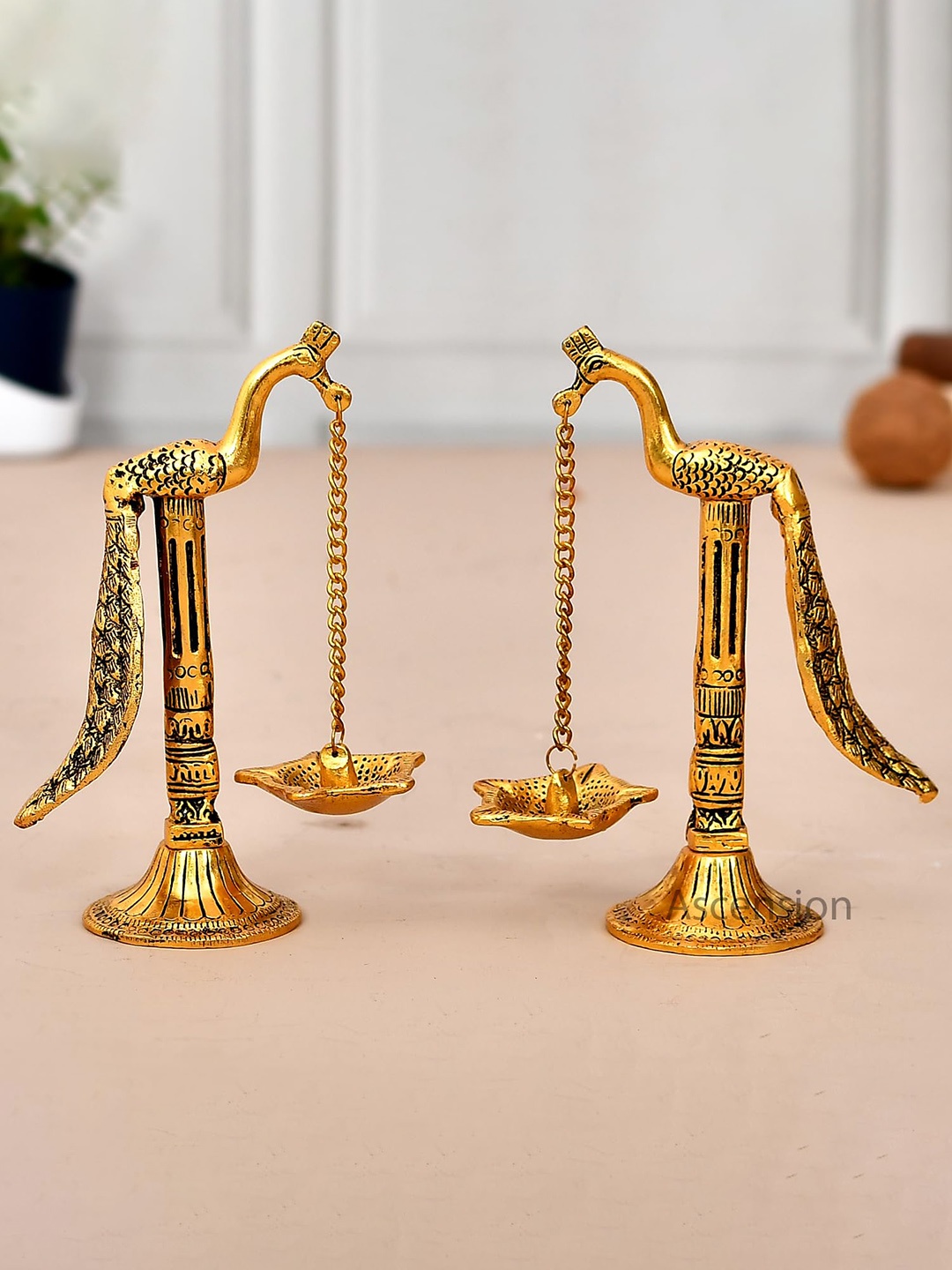 

Ascension Pair Of Peacock Long Chain Oil Lamp Diya, Gold