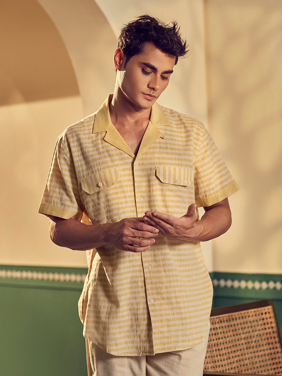 

Earthpiece Relaxed Horizontal Striped Cuban Collar Pure Cotton Casual Shirt, Yellow