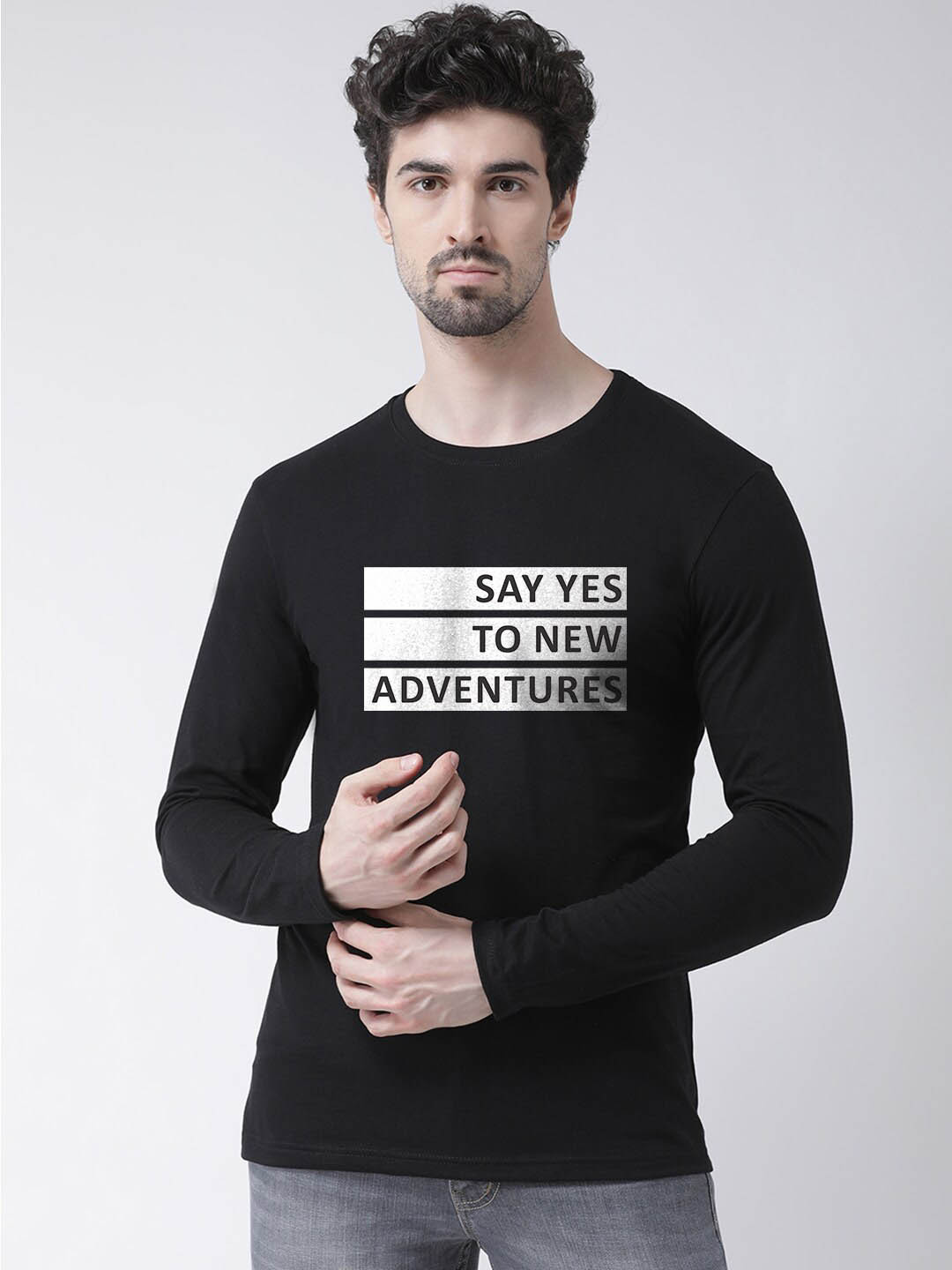 

Friskers Typography Printed Round Neck Long Sleeves Pure Cotton Slim Fit T-shirt, Black