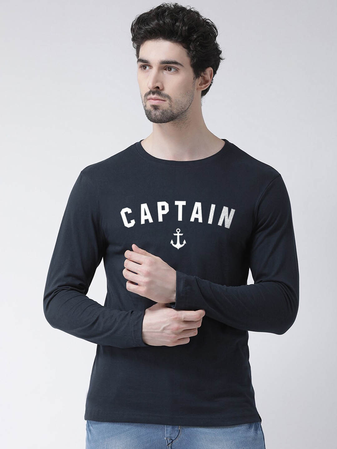 

Friskers Typography Printed Round Neck Long Sleeves Pure Cotton Slim Fit T-shirt, Navy blue