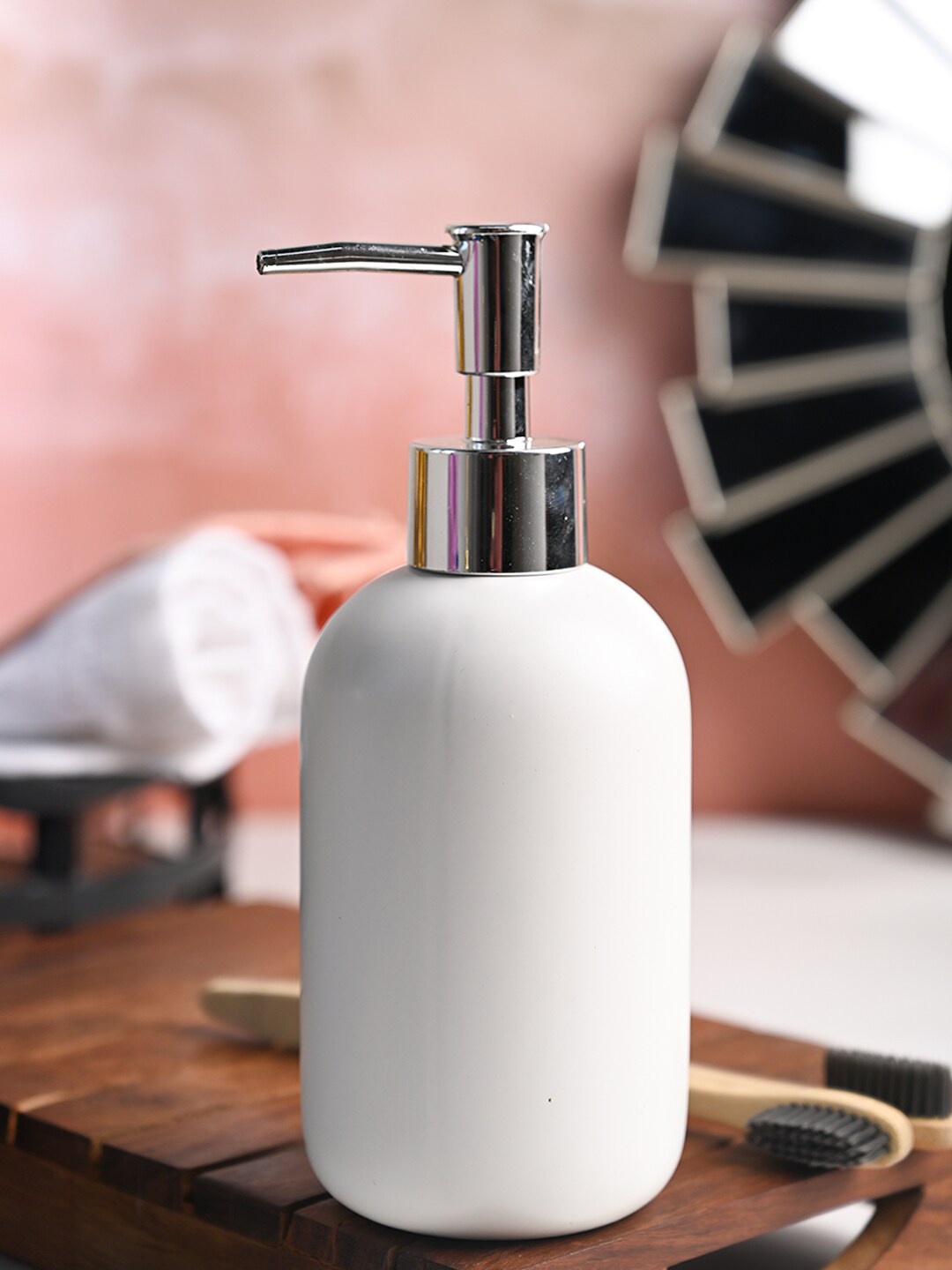 MARKET99 White & Silver Toned Ceramic Soap Dispenser - 350 ML