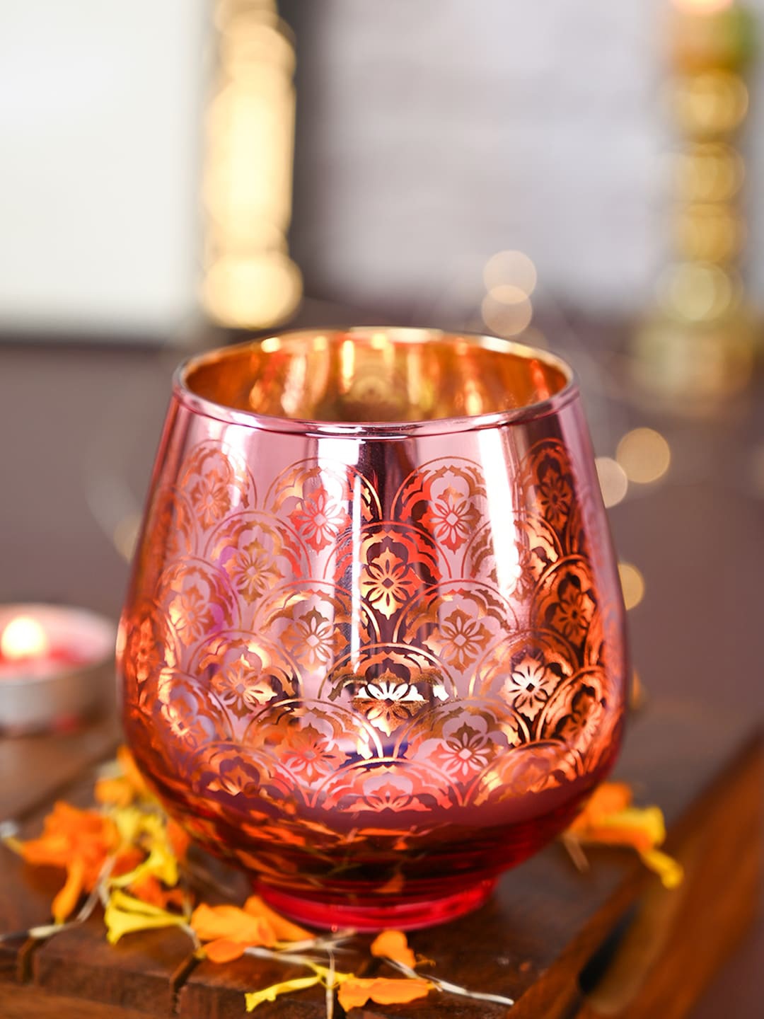 

MARKET99 Rose Colour & Gold Toned 2 Pieces Textured Glass T-Lite Holder