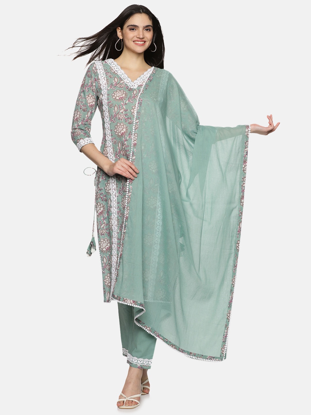 

Palakh Floral Printed Mirror Work Pure Cotton Kurta with Trousers & Dupatta, Green