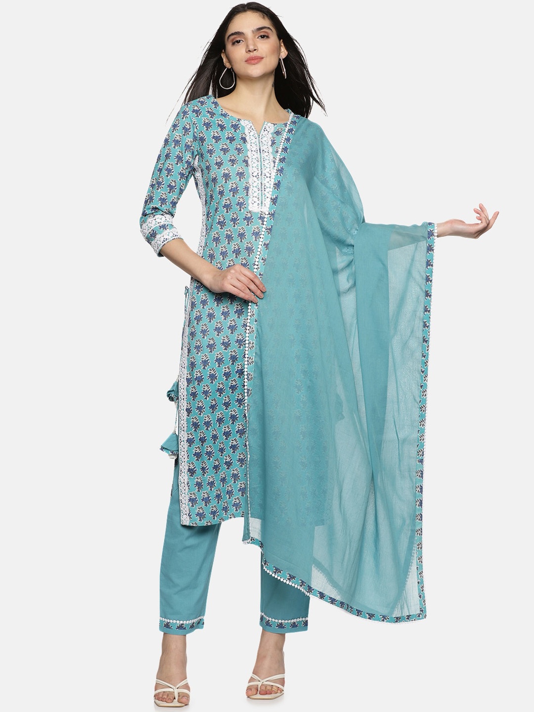 

Palakh Floral Printed Pure Cotton Straight Kurta With Trousers & Dupatta, Blue