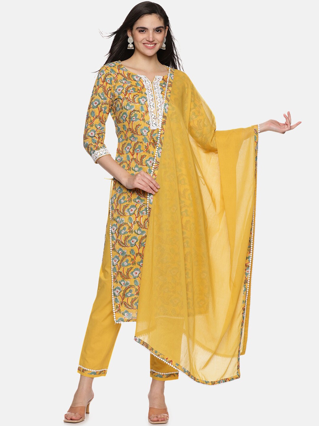 

Palakh Floral Printed Pure Cotton Straight Kurta With Trousers & Dupatta, Mustard