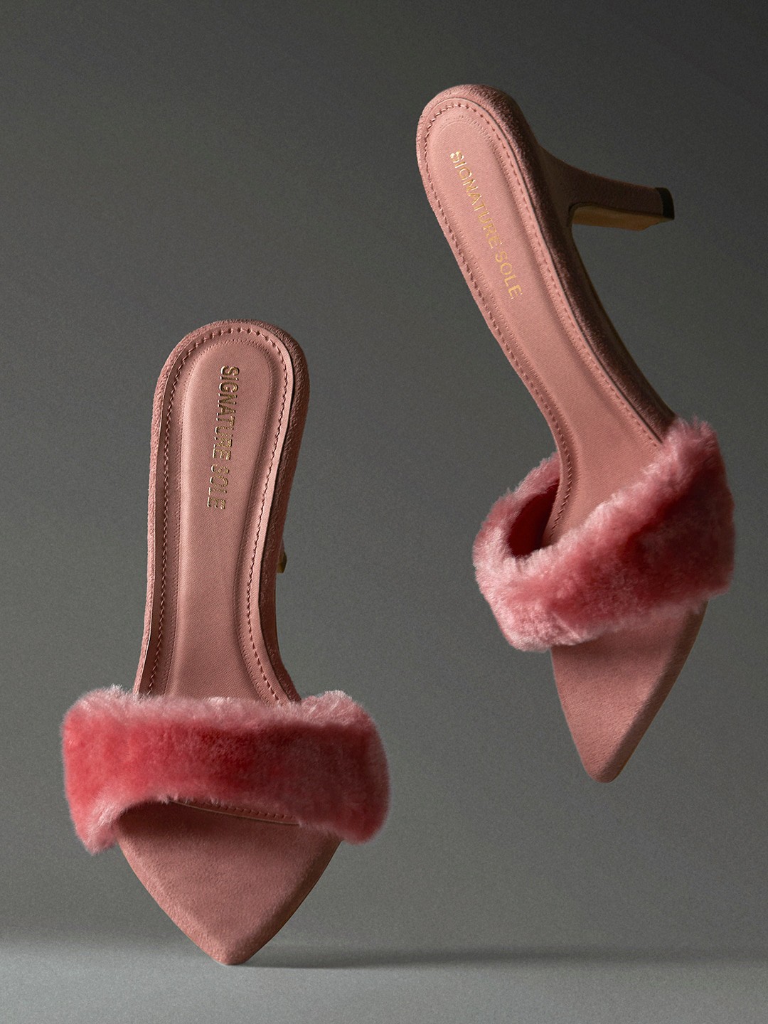

Signature Sole Fur Open Toe Kitten Heels, Pink