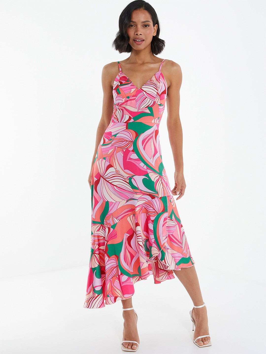 

QUIZ Floral Printed Shoulder Strap Gathered A-Line Midi Dress, Pink
