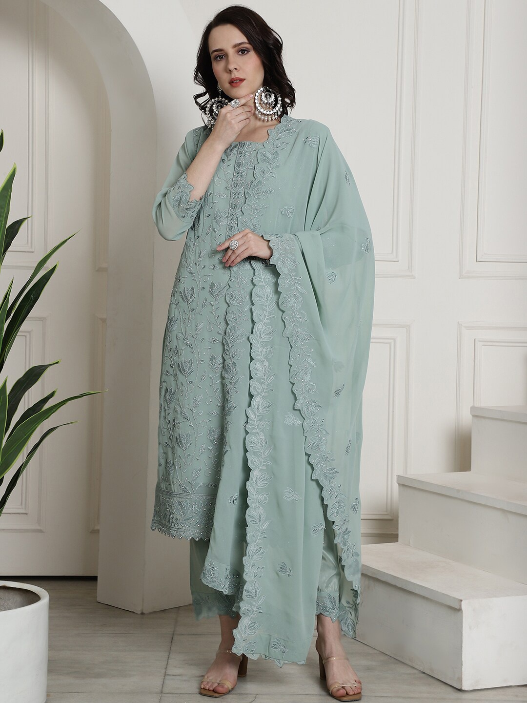 

Stylee LIFESTYLE Embroidered Stone Work Silk Georgette Unstitched Dress Material, Green