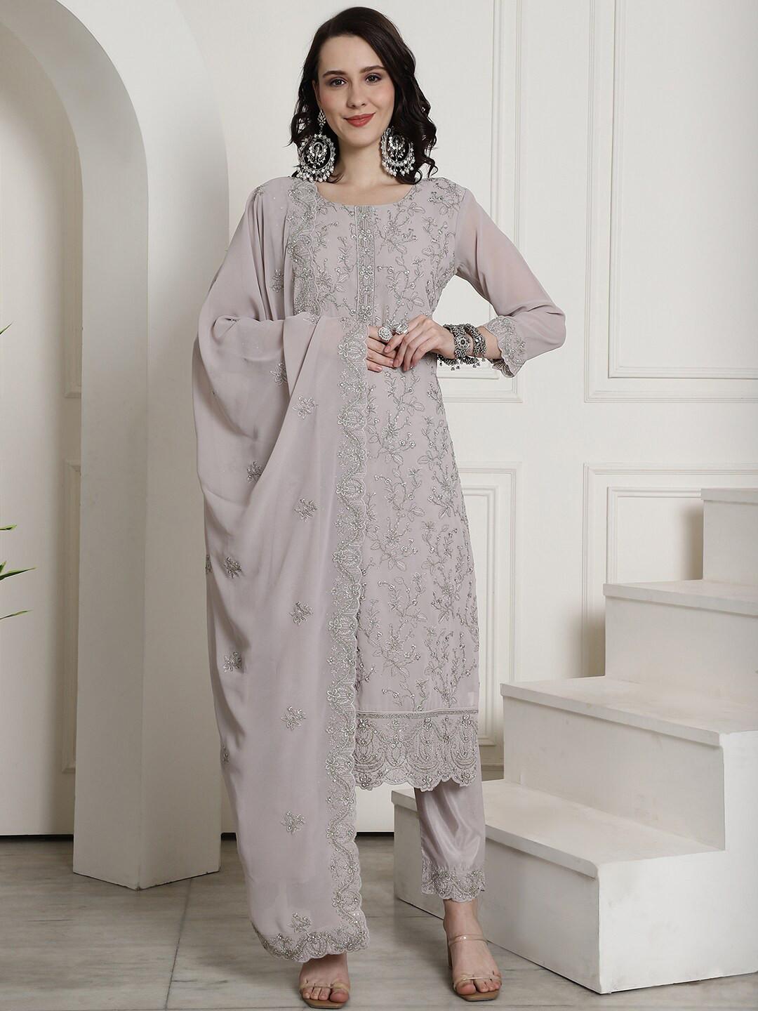 

Stylee LIFESTYLE Embroidered Stone Work Silk Georgette Unstitched Dress Material, Grey